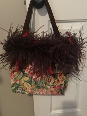 Persnickety Floral Tote with Brown Feather Trim and Red Accents